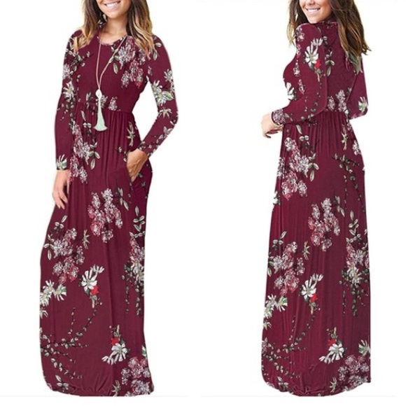 MEROKEETY Floral Front Pockets Long Sleeves Maxi Dress Size Large NEW - Picture 1 of 12